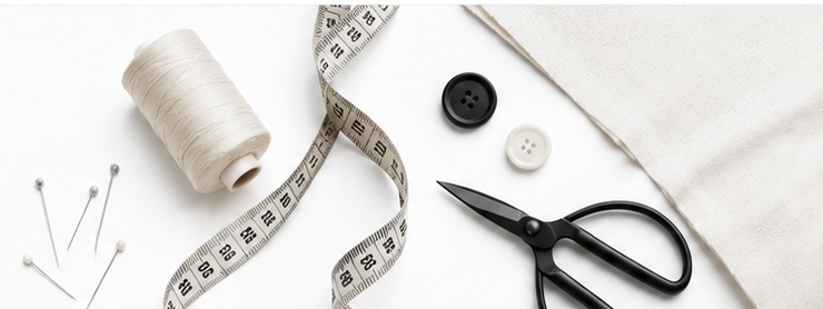 Monochrome sewing flat-lay with fabric, thread and tailoring tools